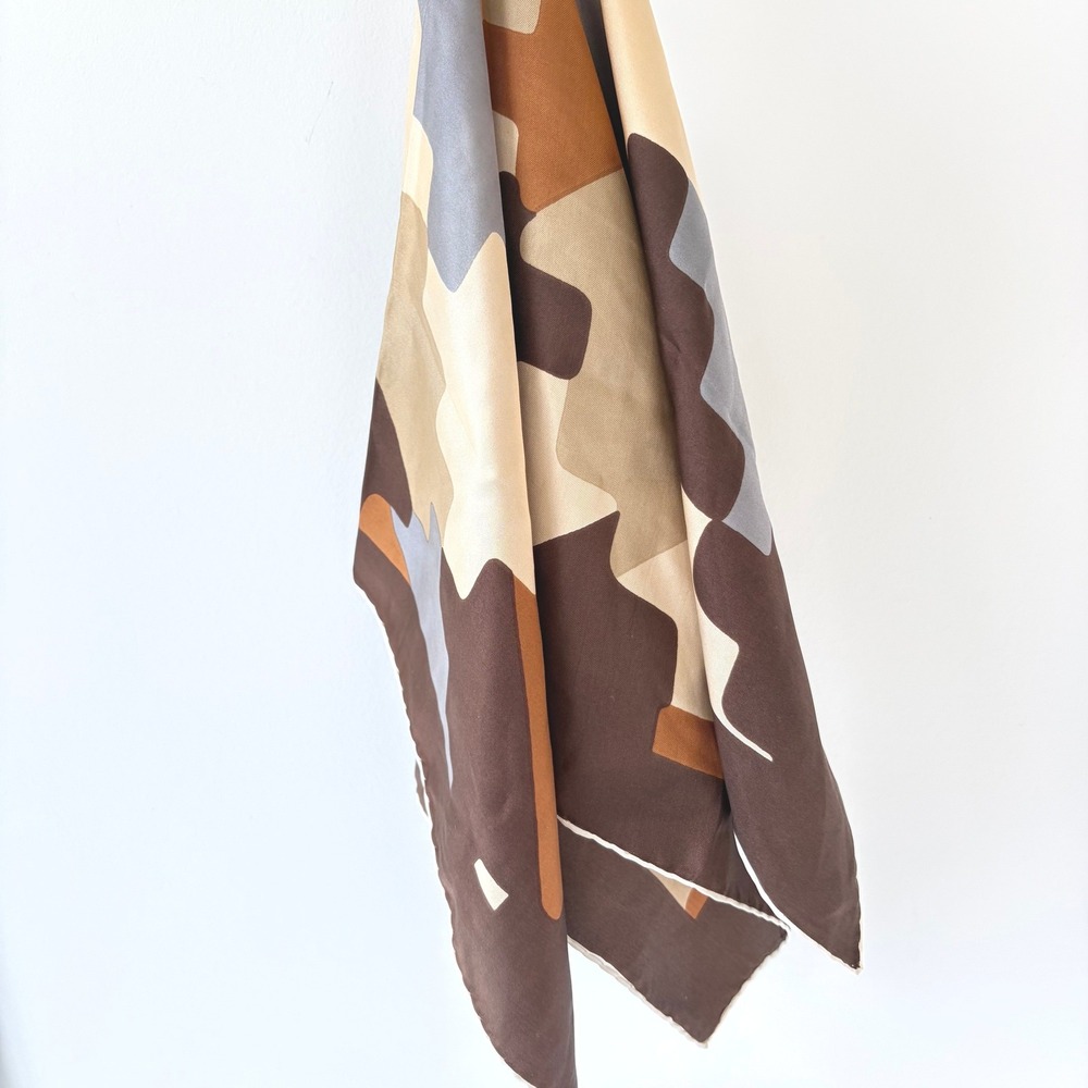 Vintage Abstract Geometric Square Scarf Brown Tan Blue Earth Tones Hand Rolled